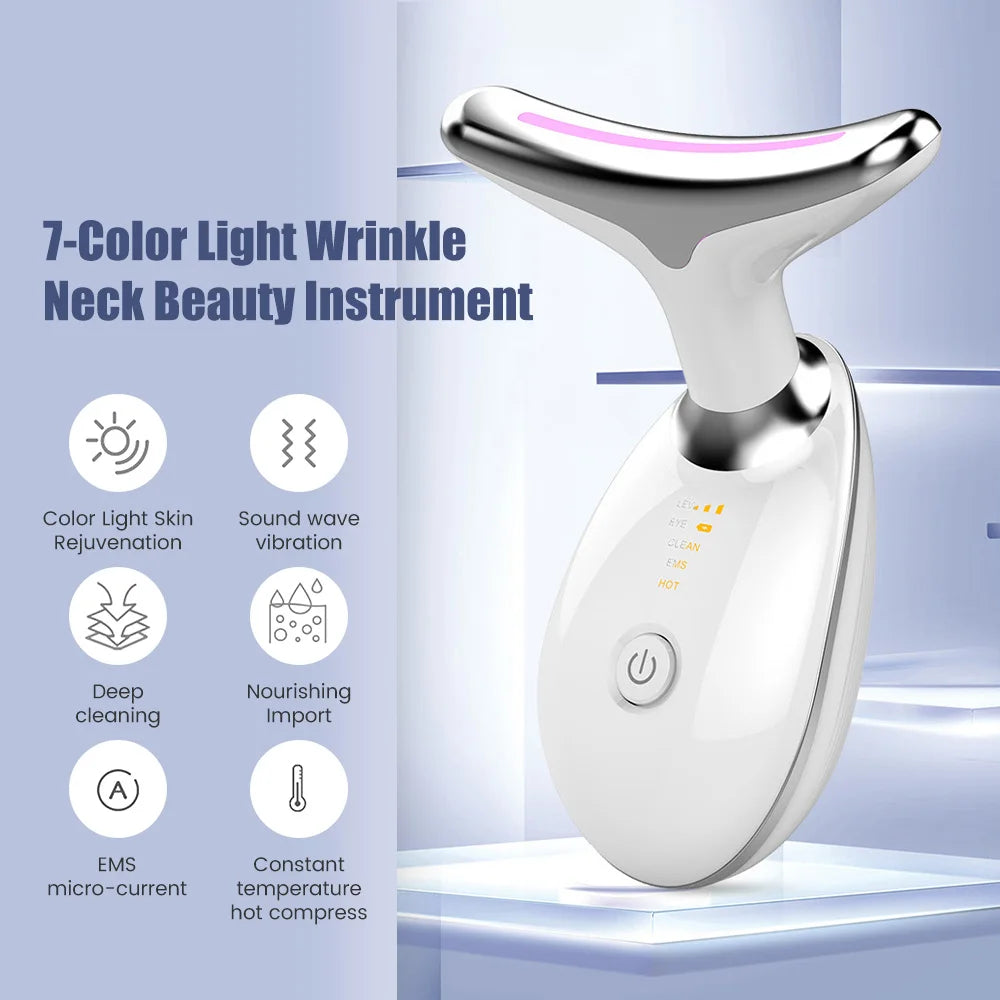 7-color light wrinkle neck beauty instrument with features listed on a blue background