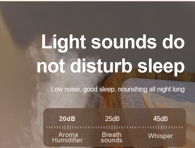 Aroma humidifier with text about light sounds not disturbing sleep and a noise level indicator.