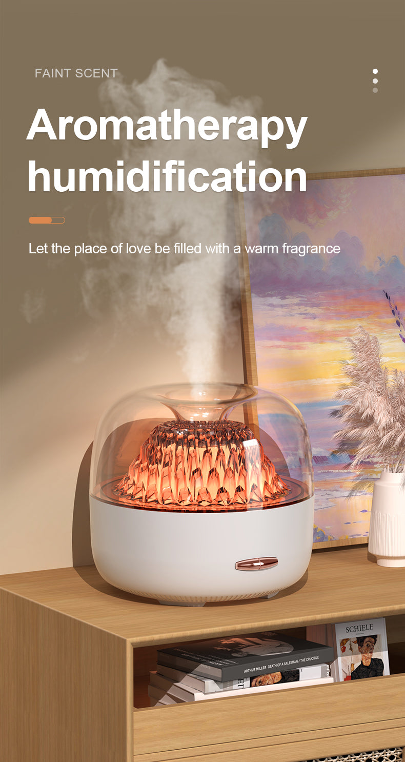 Aromatherapy humidifier emitting steam on a wooden shelf with a scenic painting in the background.