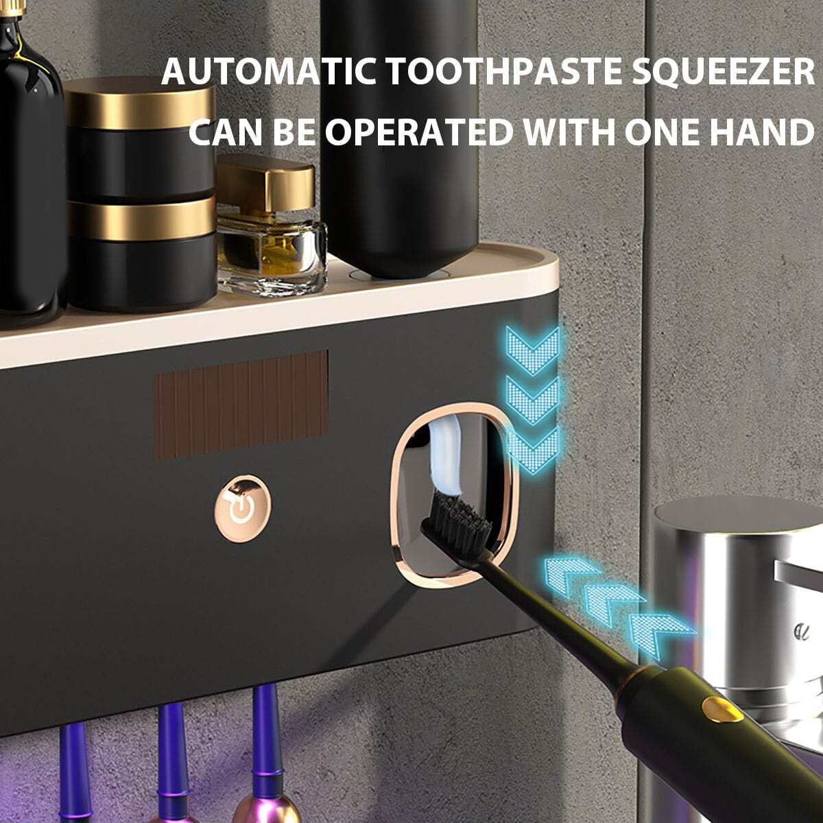 Automatic toothpastequeezer being used with a toothbrush on a bathroom shelf.
