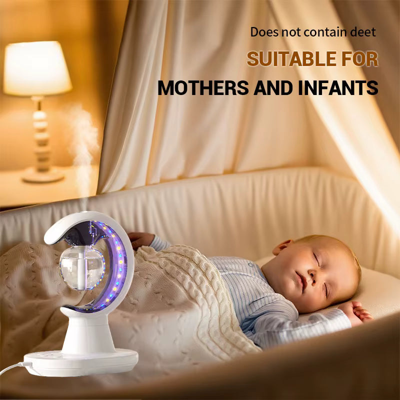 Baby sleeping in a crib with a night light and text indicating suitability for mothers and infants.