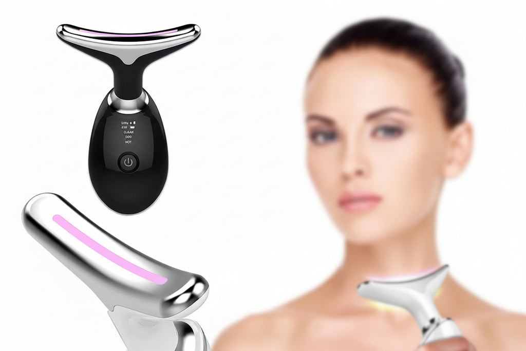 Beauty device with a woman using it on her face, on a white background