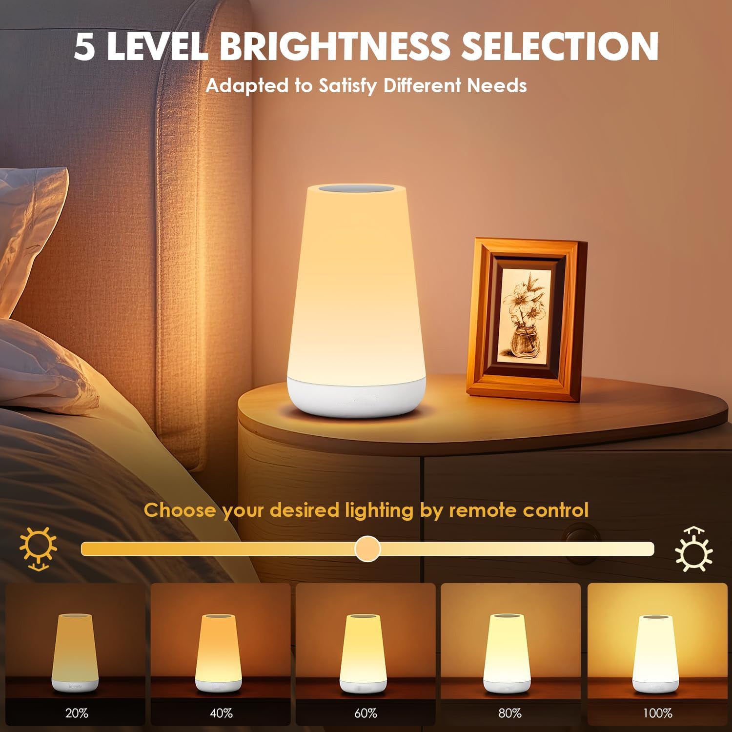 Bedside lamp with 5-level brightness selection feature on a nightstand.