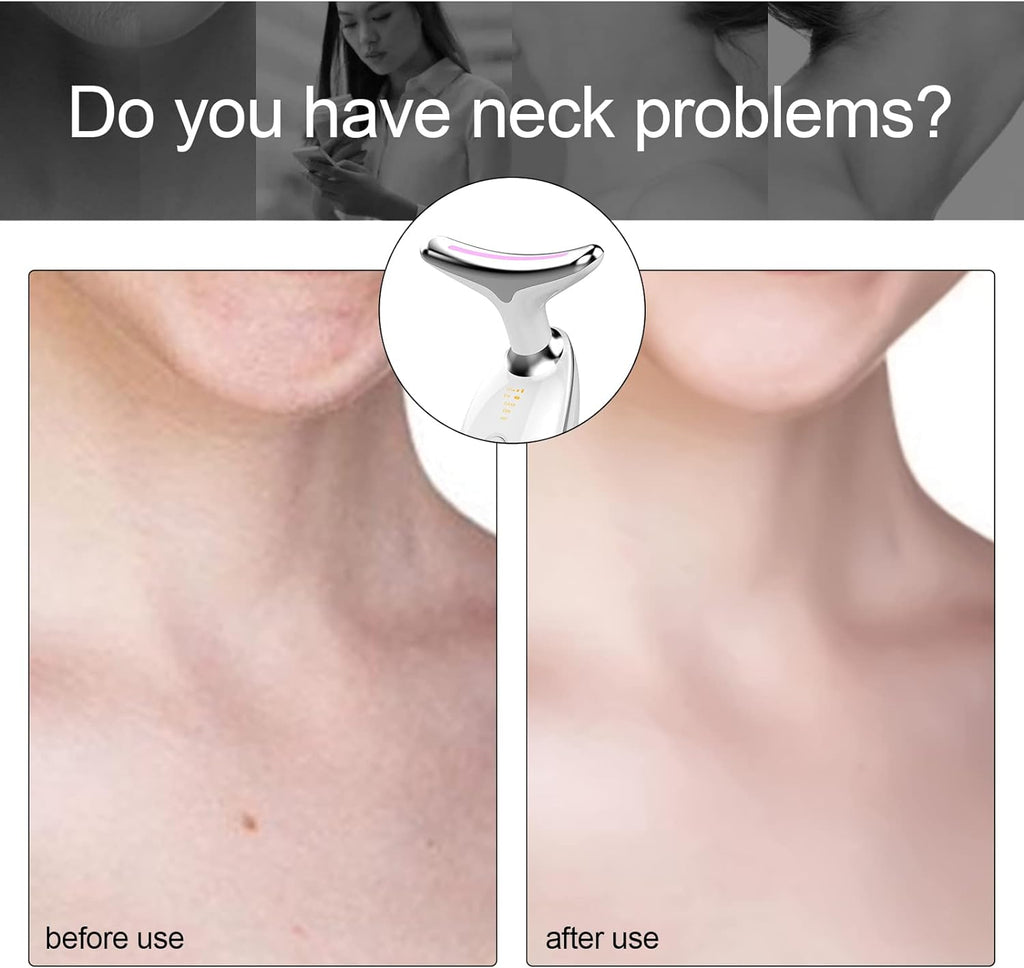 Before and after use comparison of a neck device on a person's neck.