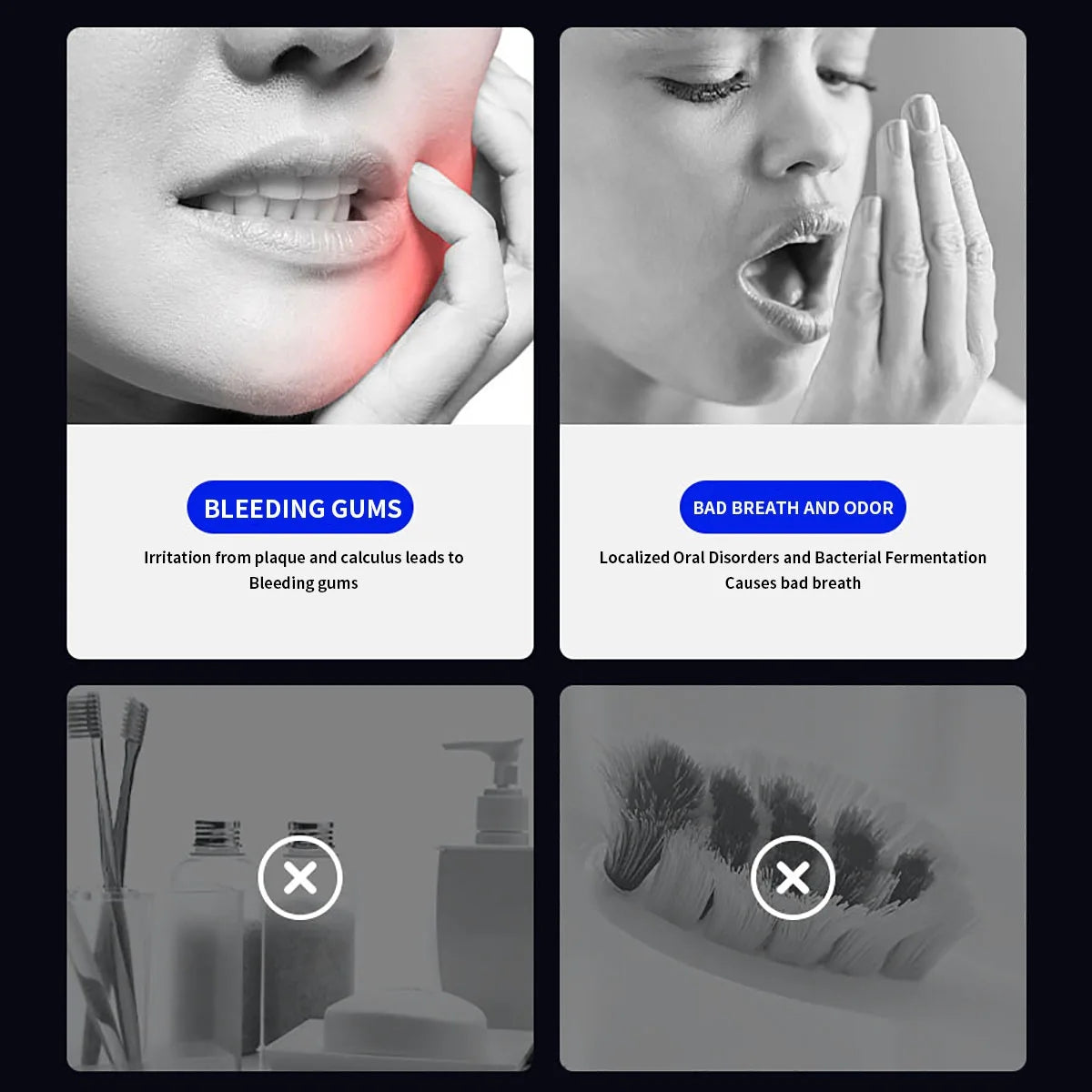 Collage of images showing dental issues and hygiene products with text labels