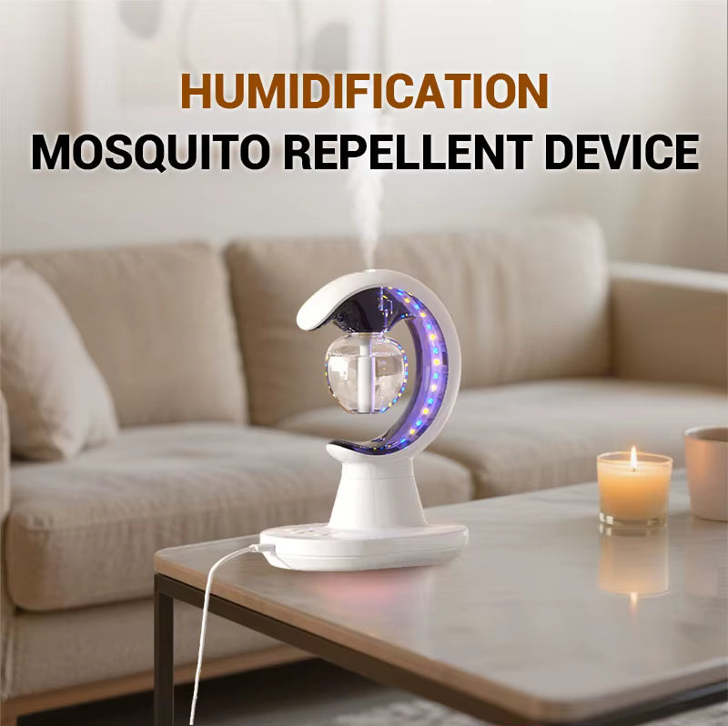 Humidification and mosquito repellent device on a table with a couch in the background