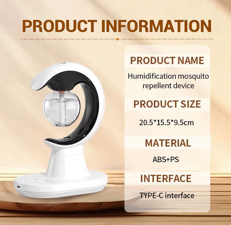 Humidification mosquito repellent device with product information on a beige background