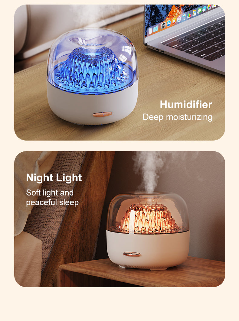 Humidifier and night light on a desk with laptop