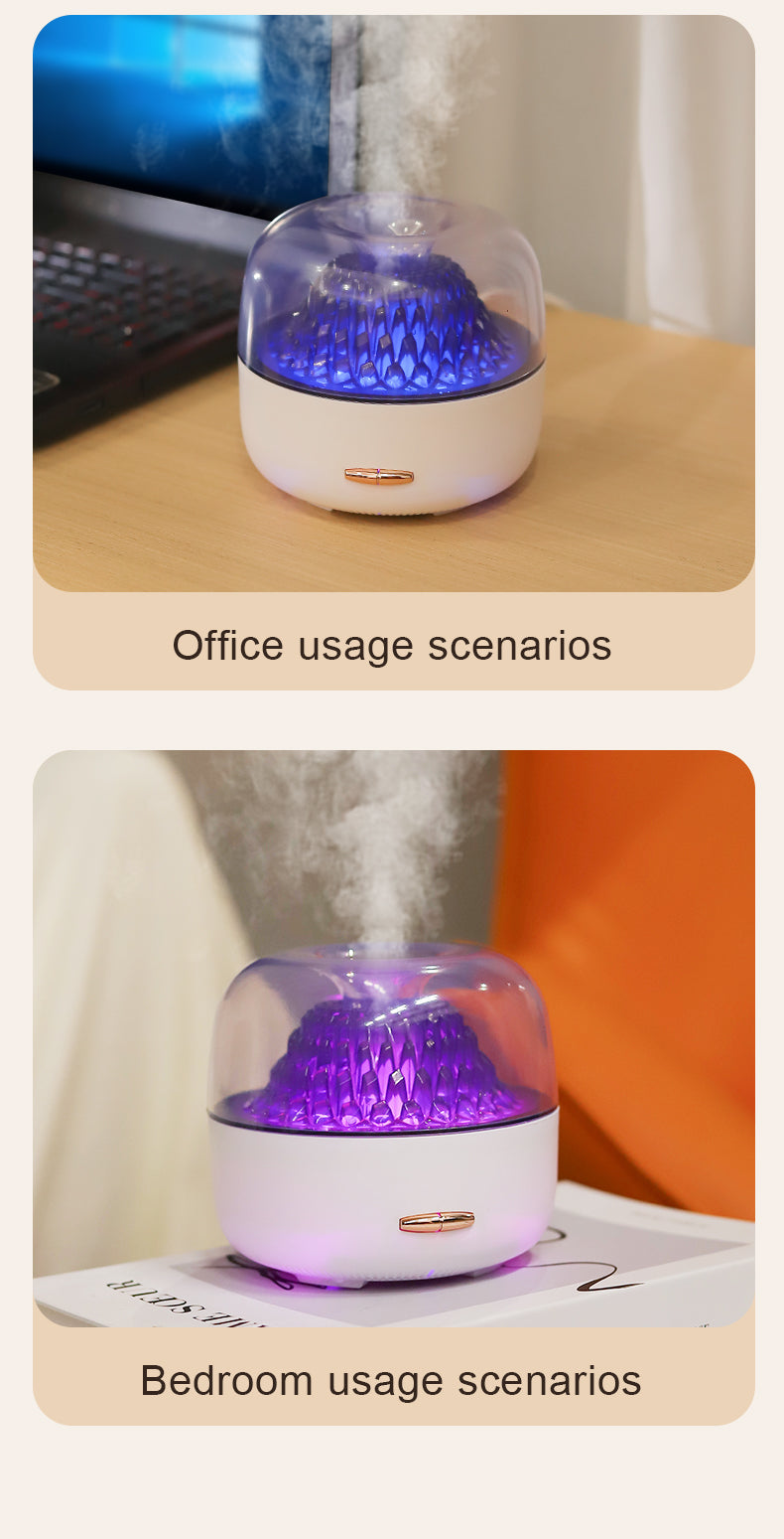 Humidifier on a desk with text indicating office usage, followed by another humidifier on a surface with text indicating bedroom usage.