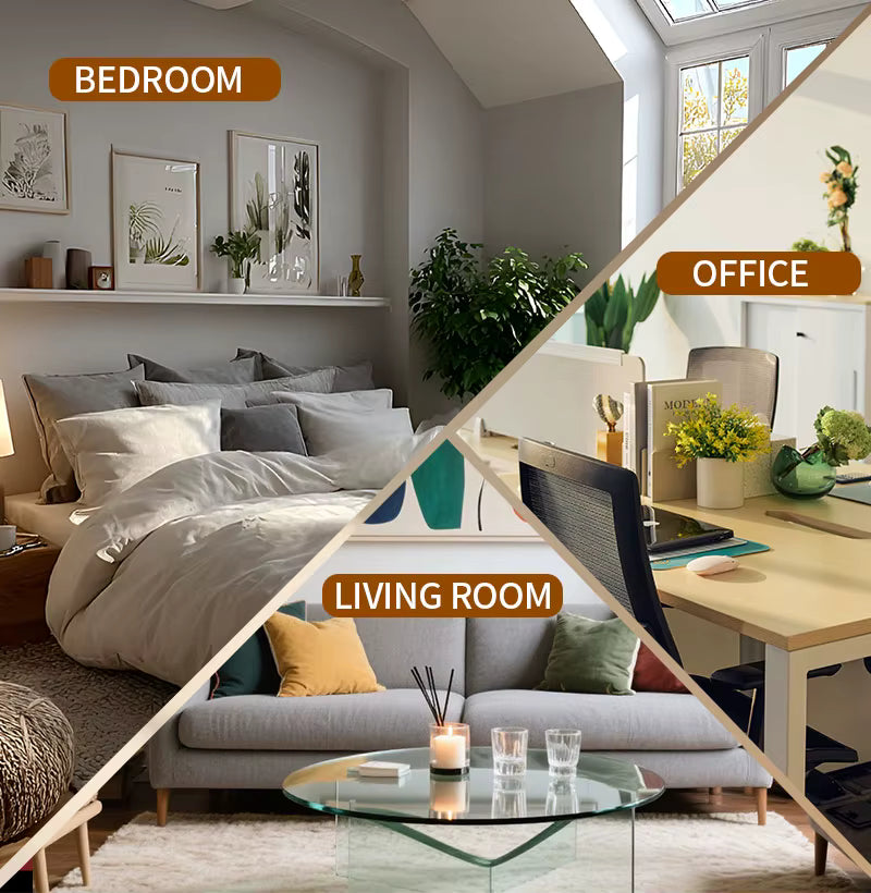 Modern interior with a round table featuring a decorative lamp and plant.