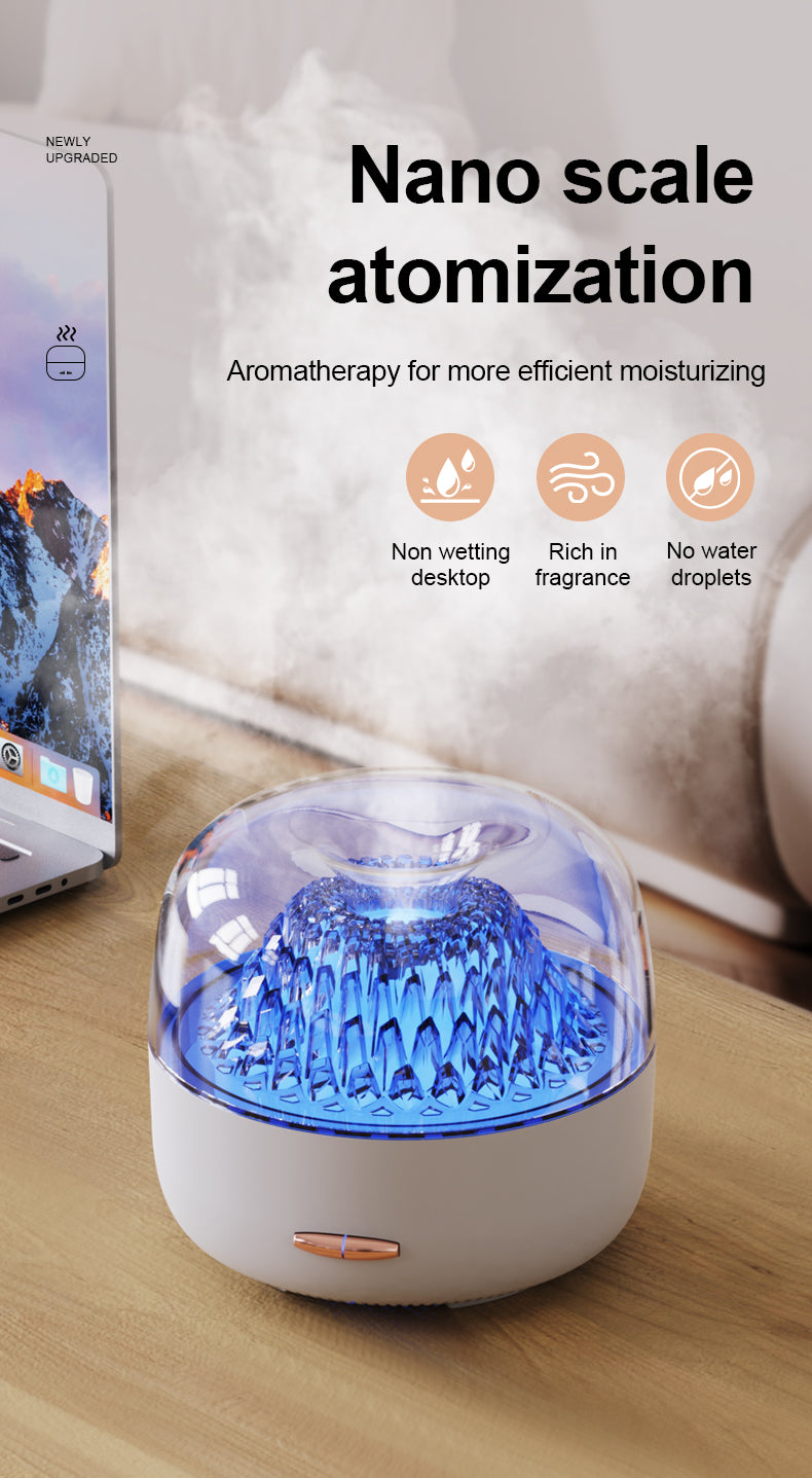 Nano scale atomization device on a wooden surface with text highlighting features.