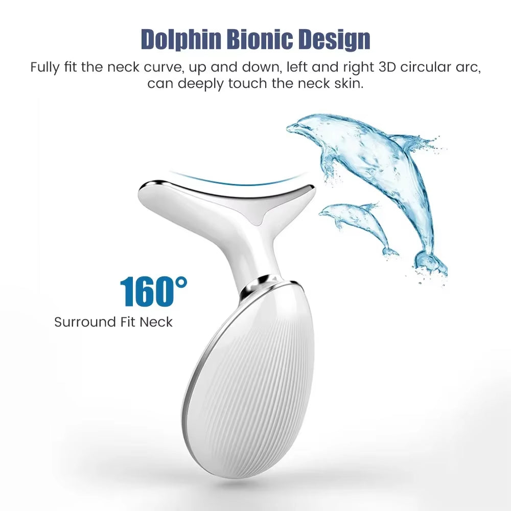 Neck massager with dolphin design and text on a white background

