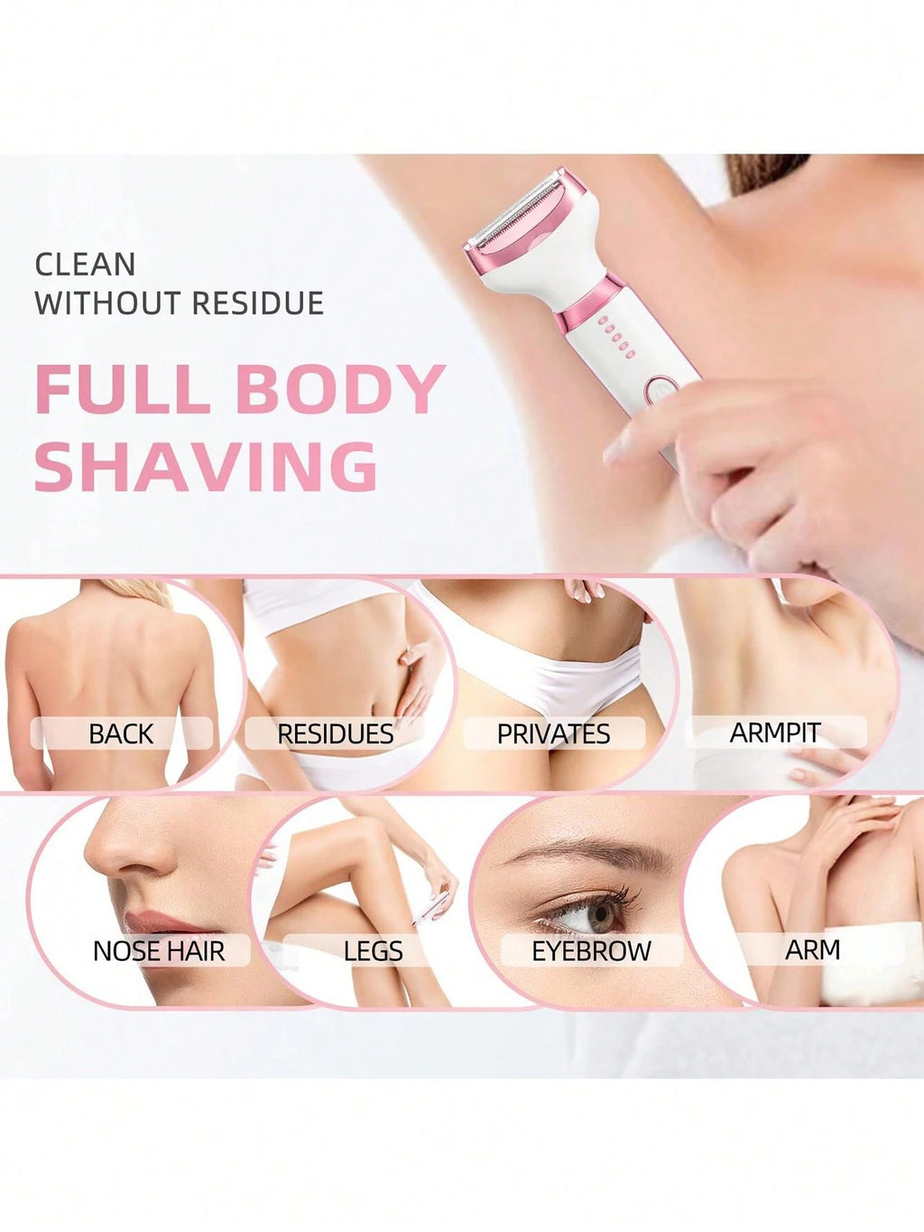 Product advertisement for full body shaving with close-up shots of different body parts.
