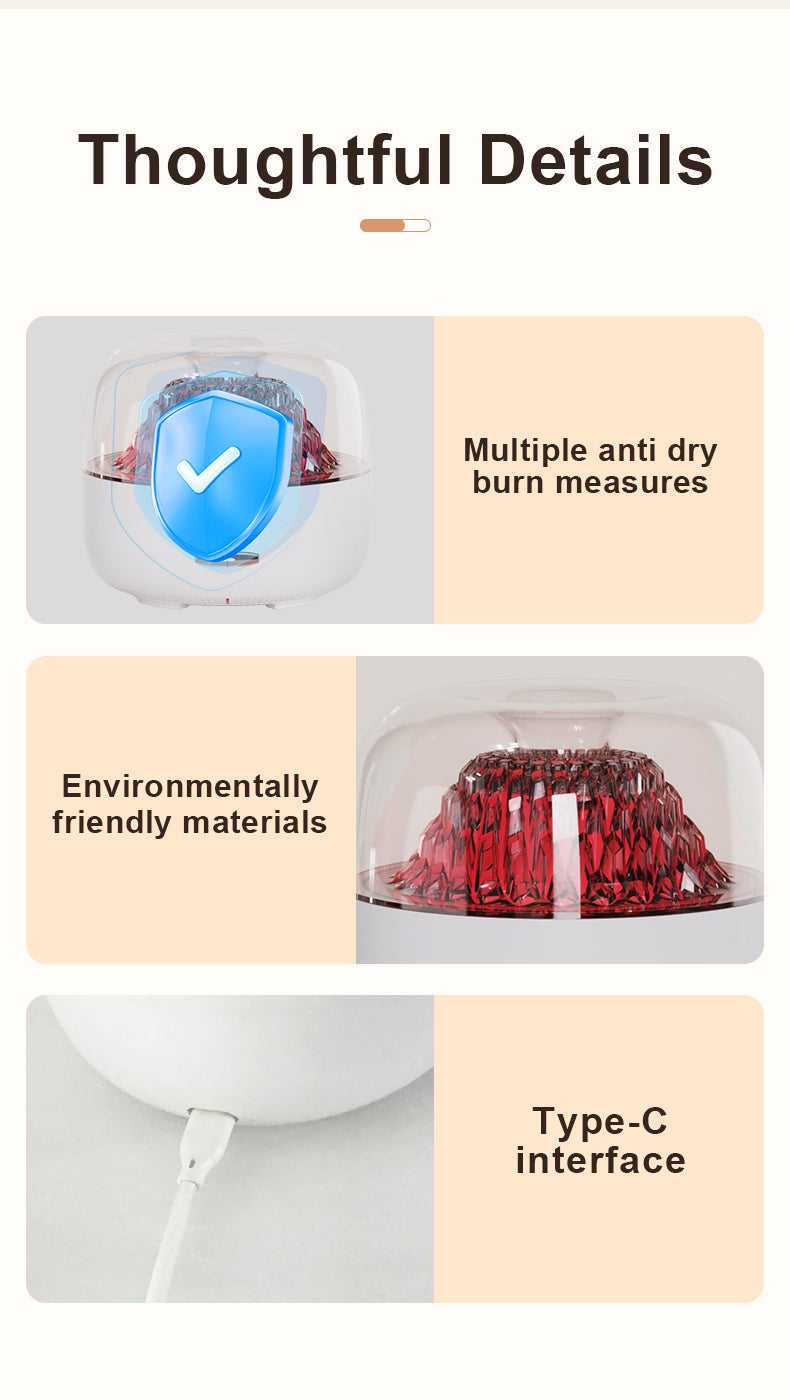 Product features with icons and text on a white background