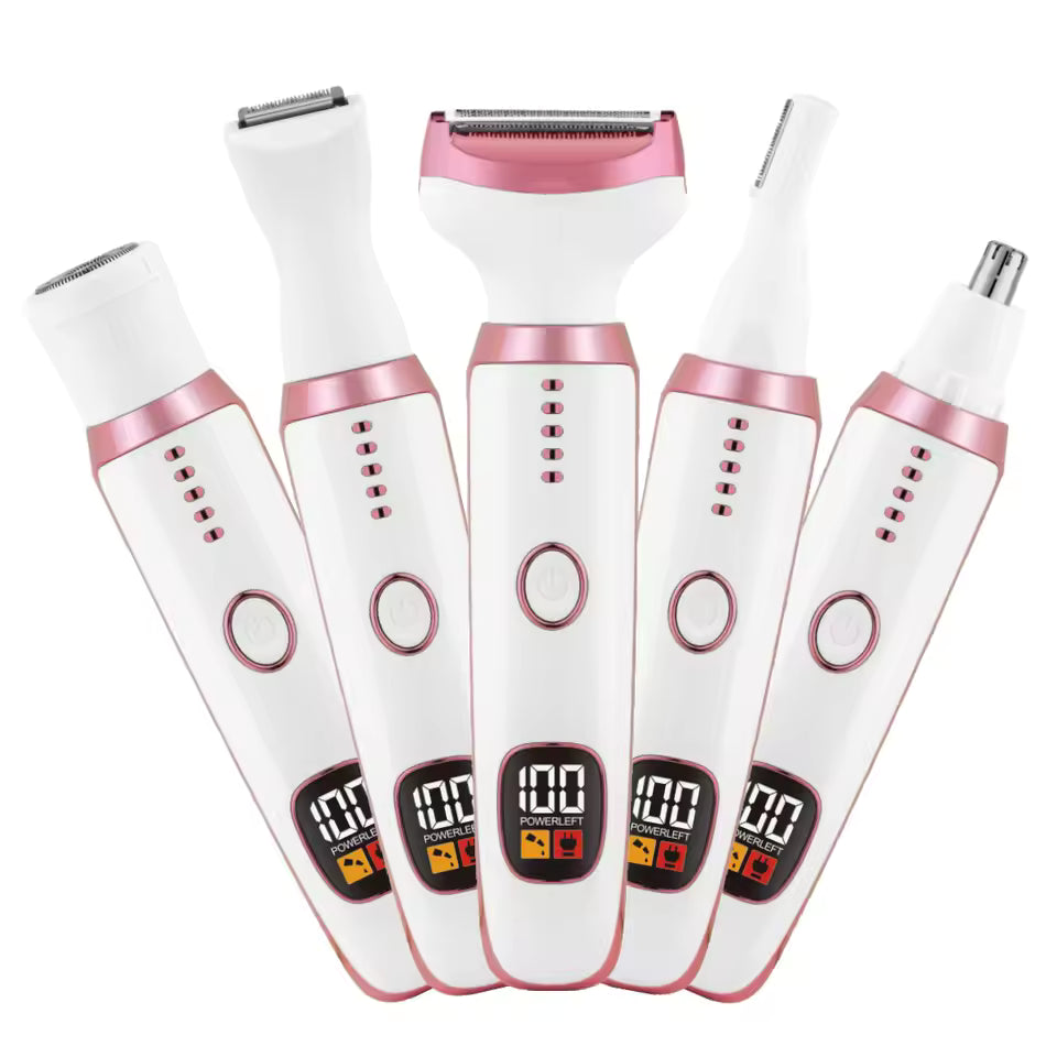 Set of white and pink electronic devices with digital displays on a white background