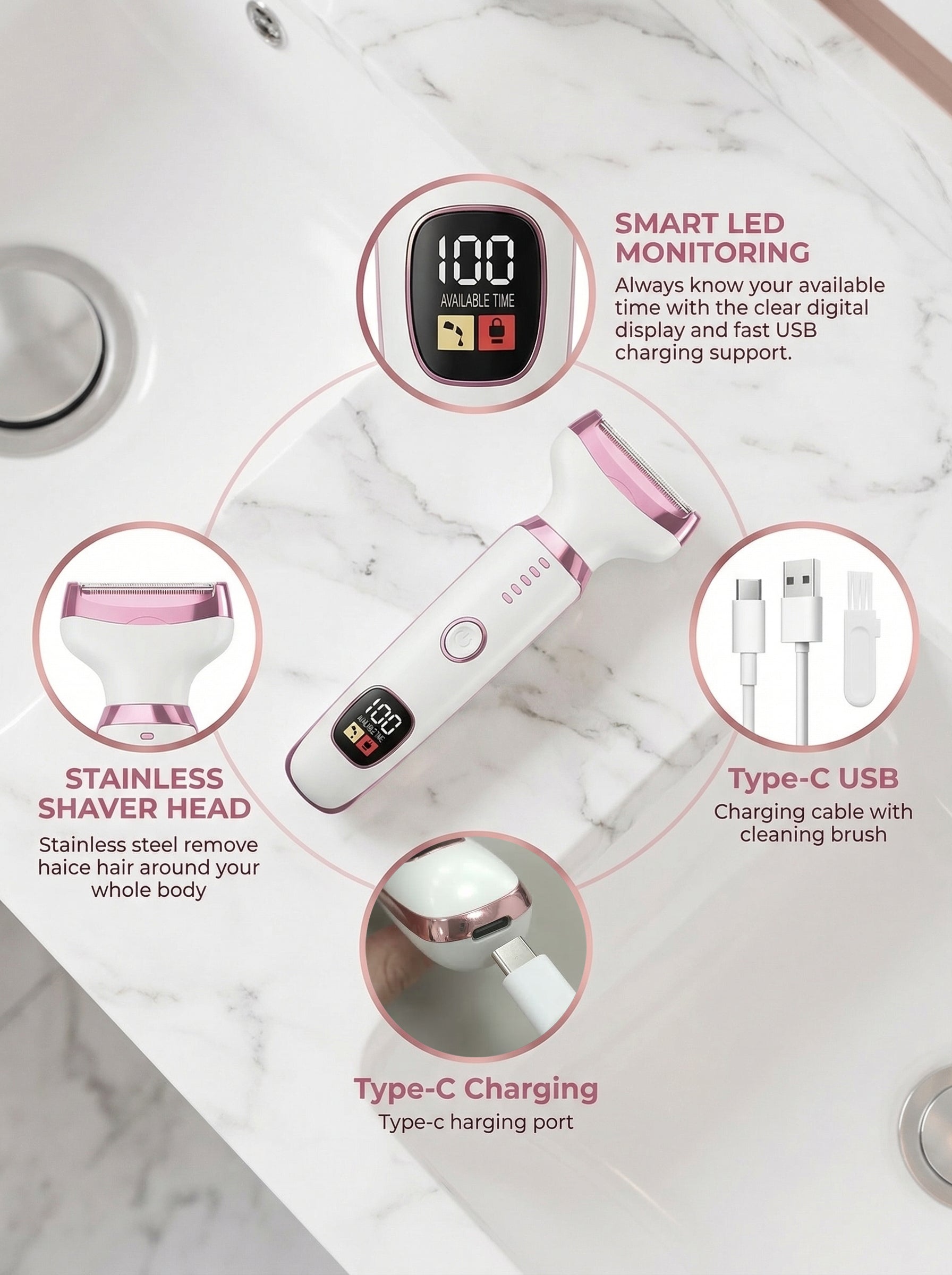 Shaver with digital display, charging cable, and cleaning brush on a marble surface