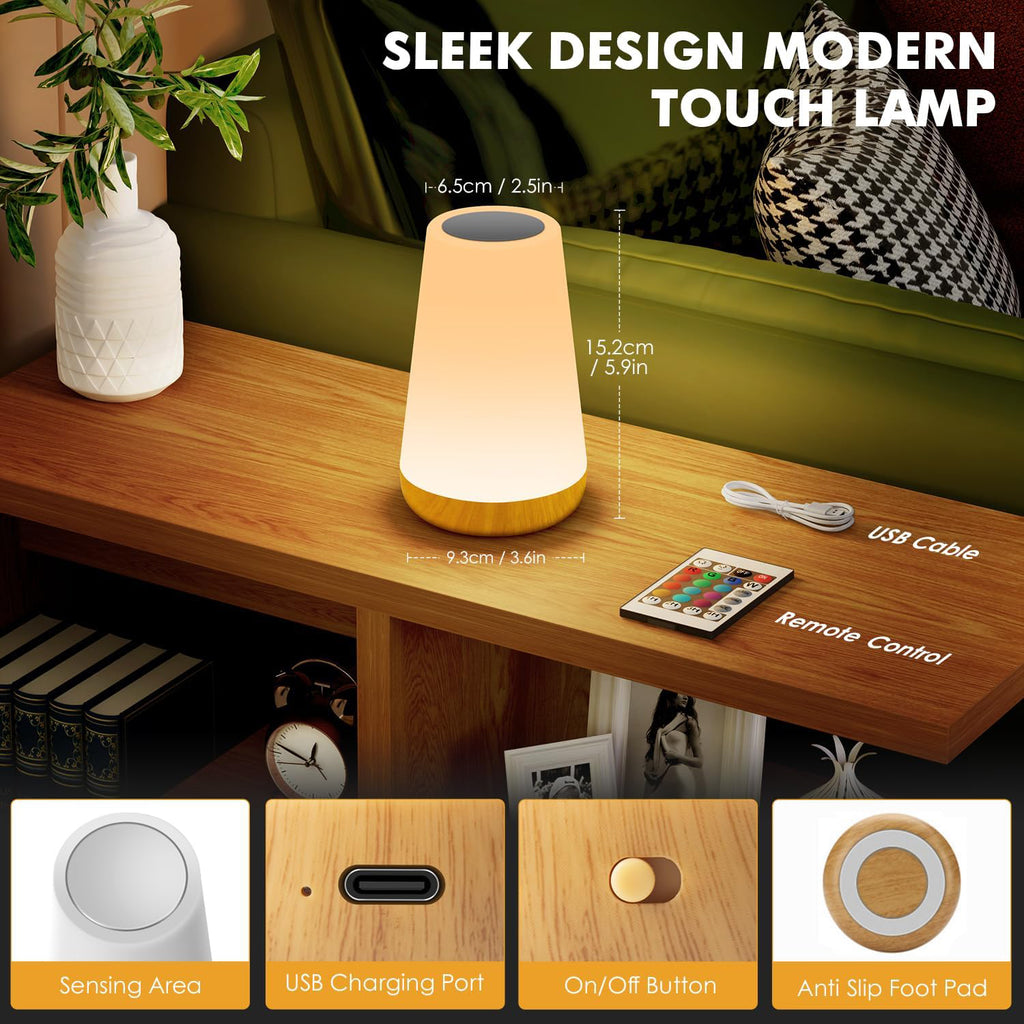 Sleek design modern touch lamp on a wooden surface with measurements and features displayed.