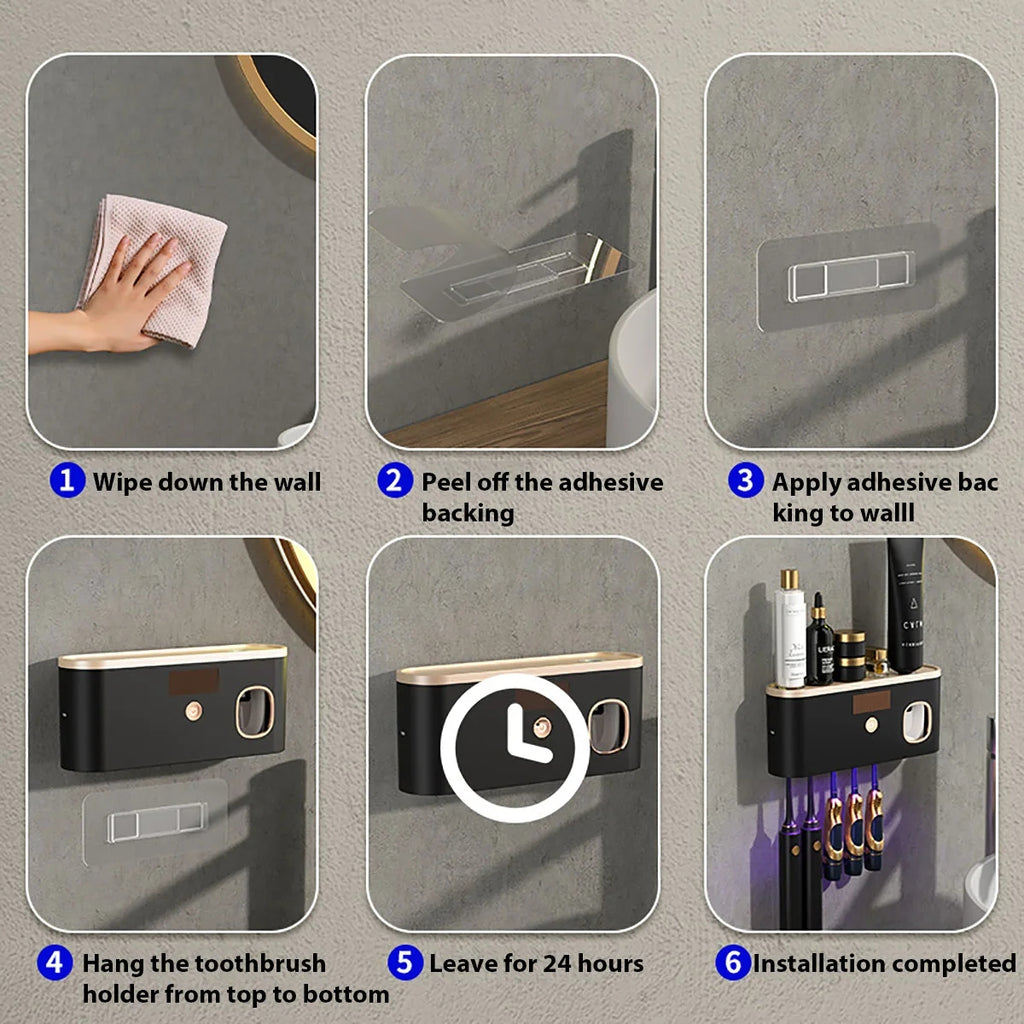Step-by-step installation guide for a wall-mounted toothbrush holder.