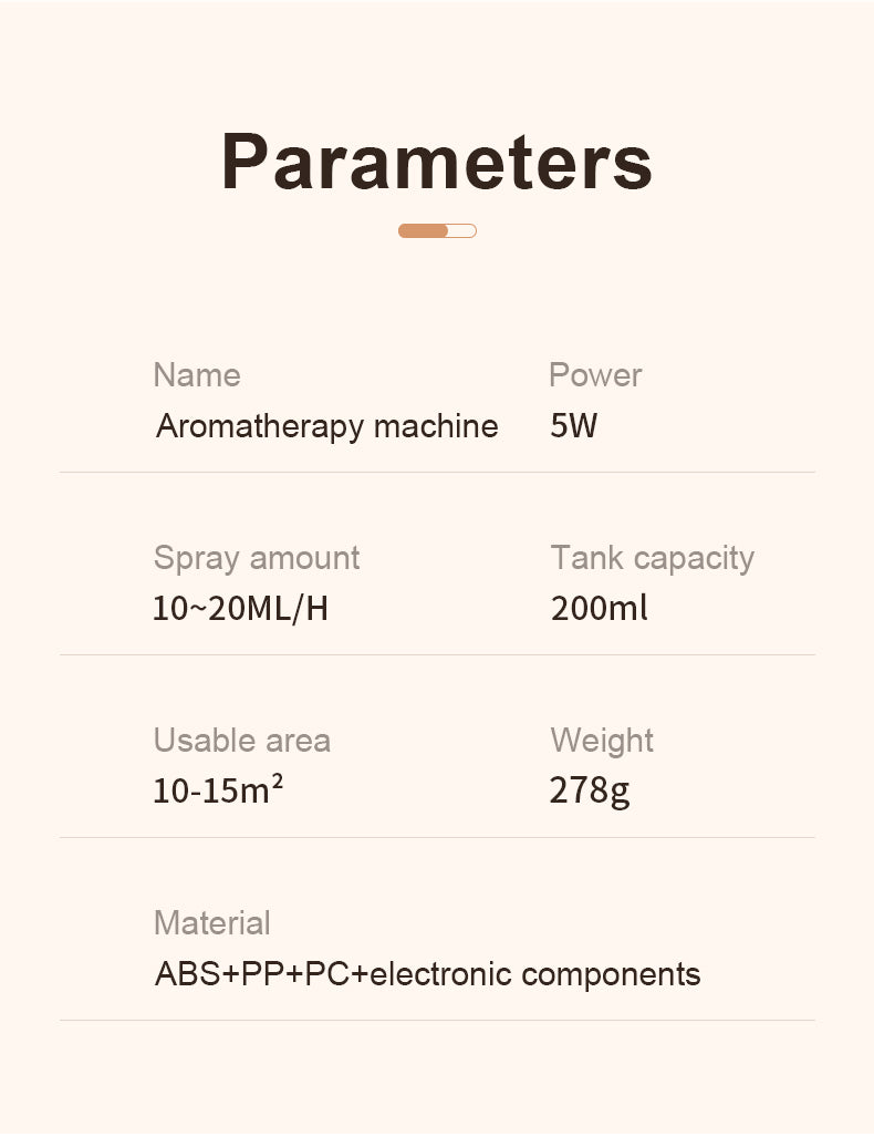 Technical specifications of an aromatherapy machine on a white background
