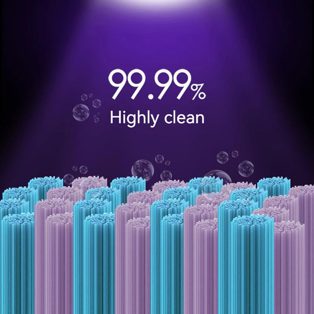 Text '99.99% Highly clean' above blue and purple cylindrical objects on a dark background