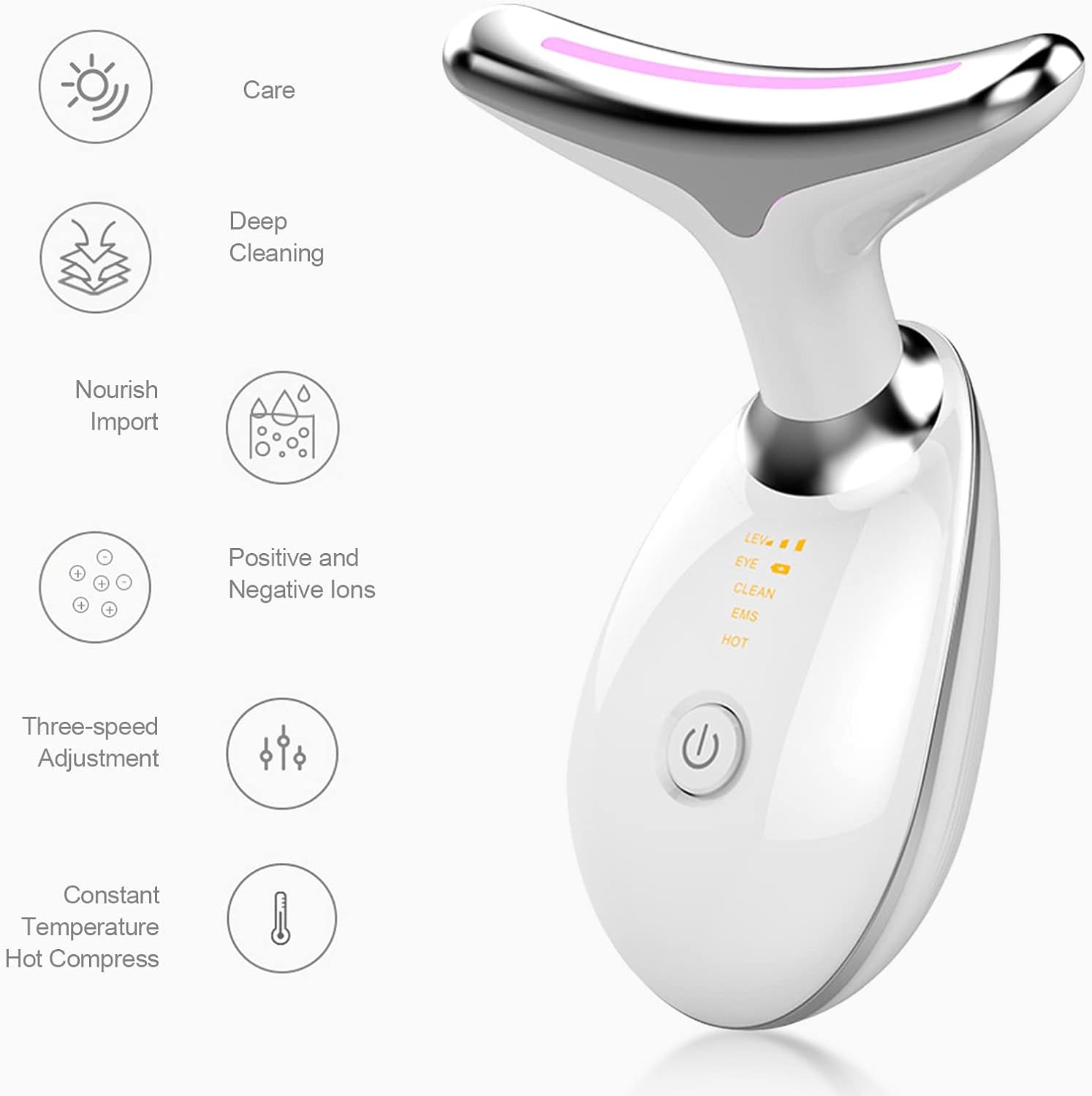 White and silver facial roller device with features listed on a white background