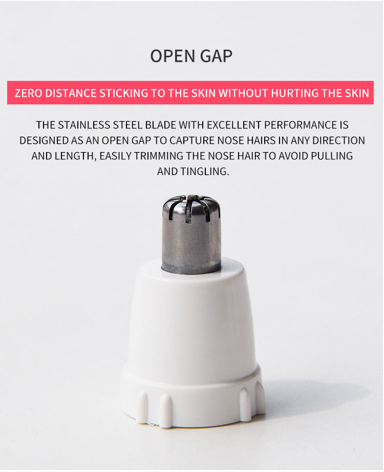 White electric nose hair trimmer with text on a light gray background
