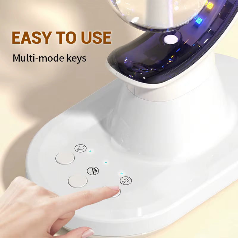 White electronic device with control buttons and a hand pressing one of them, on a light background.