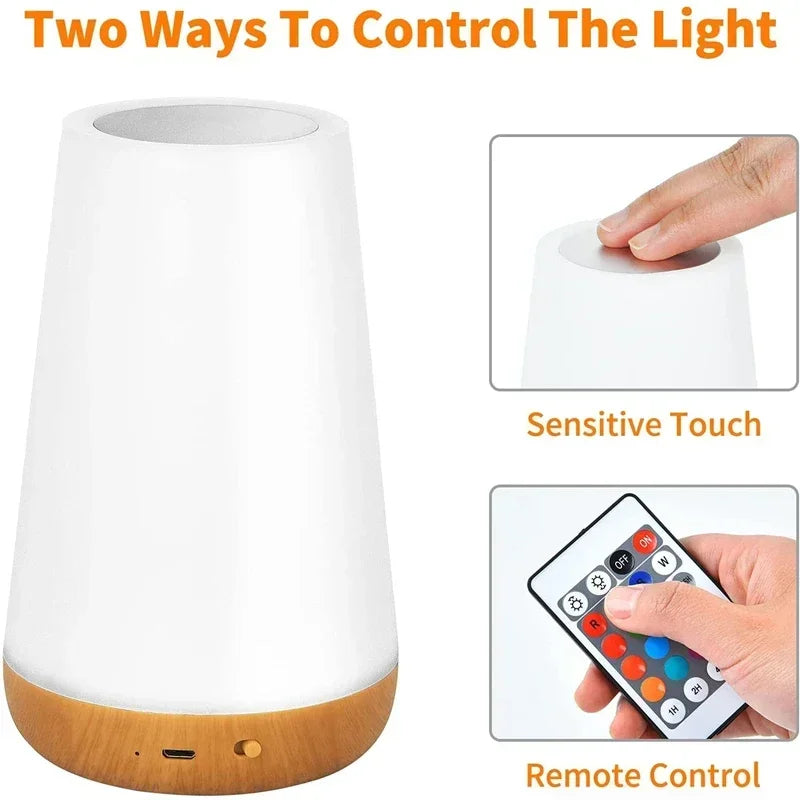 White night light with wooden base, showing sensitive touch control and remote control options.