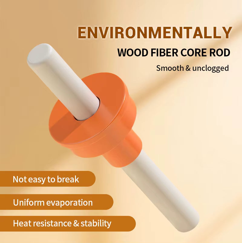 Wood fiber core rod with orange top and white handle on a beige background
